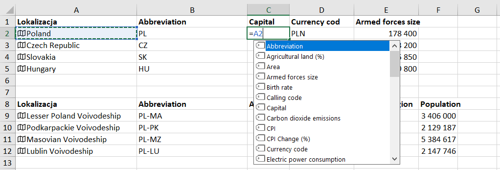 Nowe typy danych w Excel - Akcje i Geografia