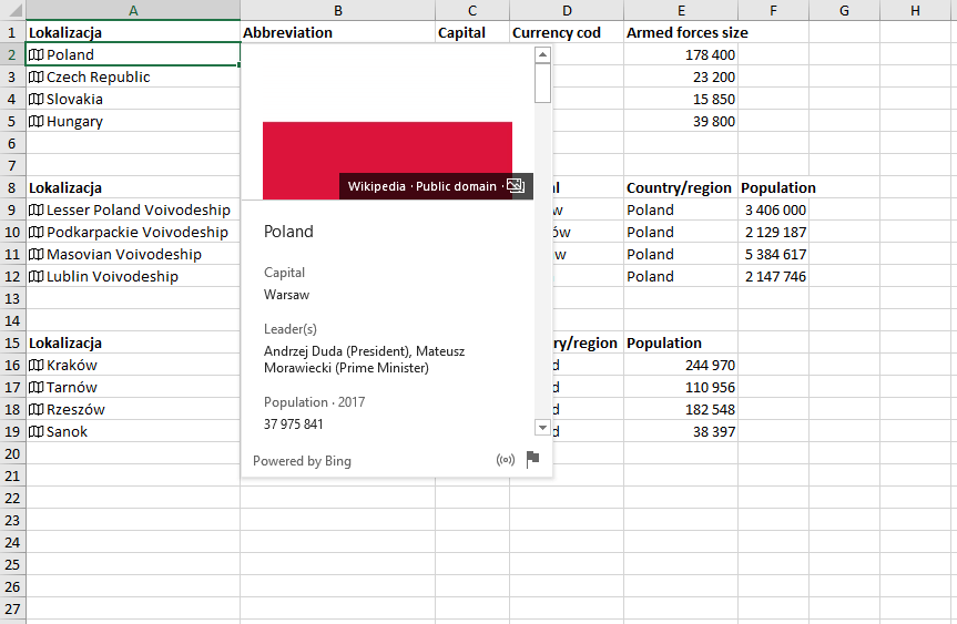 Nowe typy danych w Excel - Akcje i Geografia