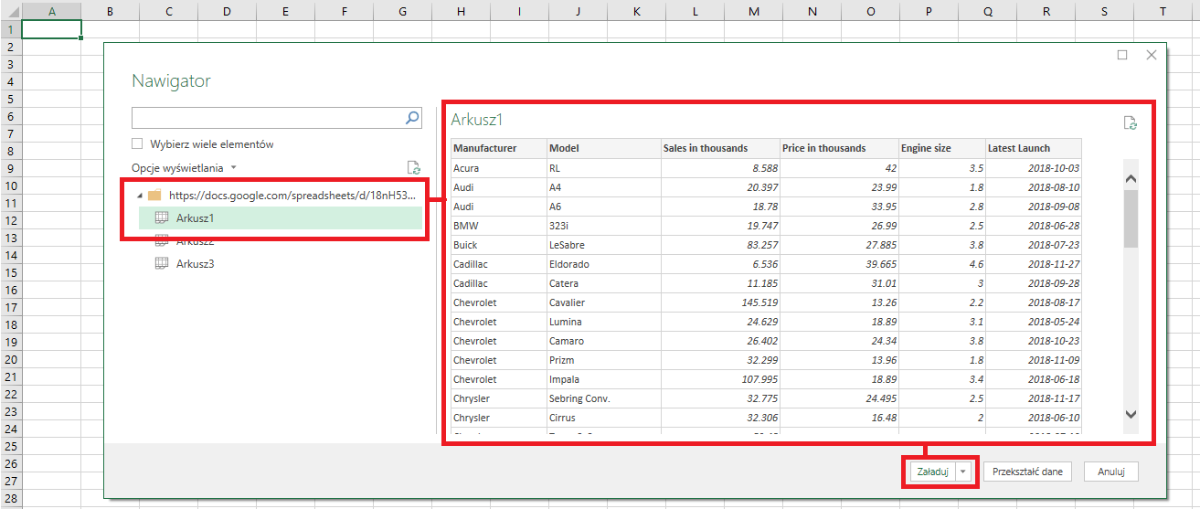 Pobieranie danych z Arkuszy Google do Excela